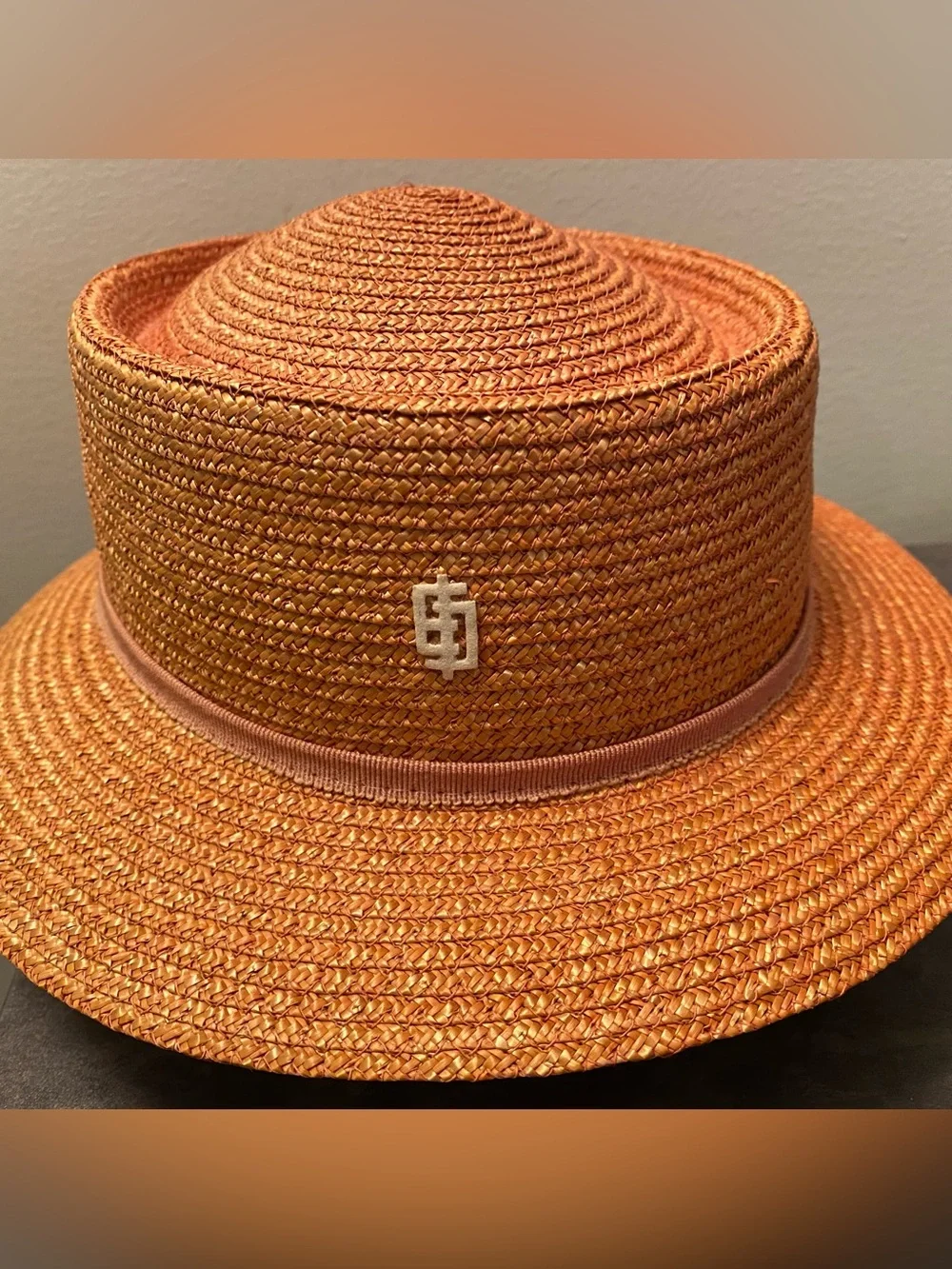 Vintage 1970s Pucci Straw Boater Sun Hat Logo Peach Orange Pastel Flat Top XS